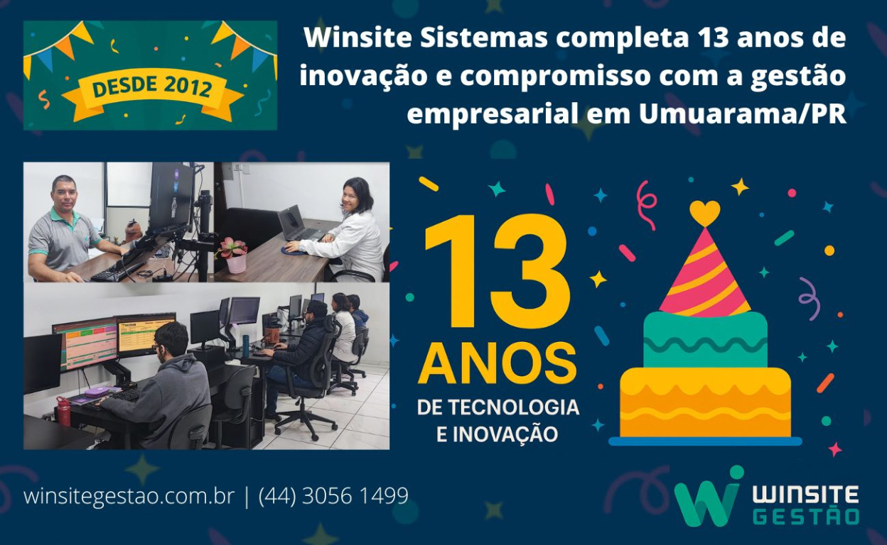 Capa Winsite Sistemas completa 13 anos de inovação e compromisso com a gestão empresarial em Umuarama